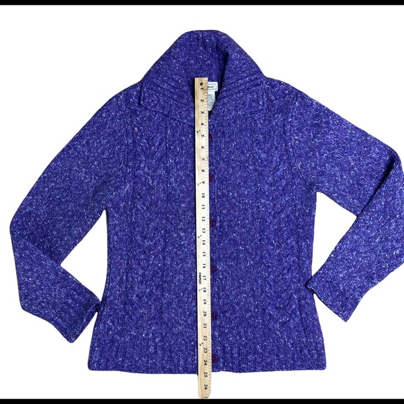 LL Bean Cardigan Sweater Women Sz M  Wool Blend Cable Knit Purple Button Front - Picture 3 of 6